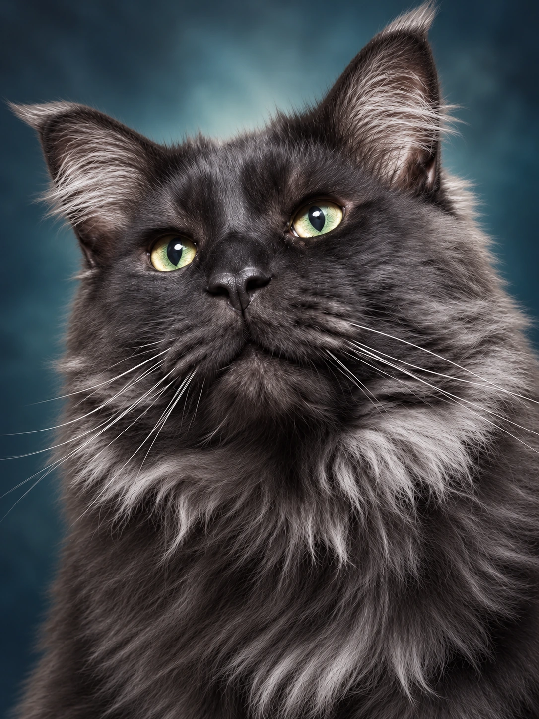 Artù, gatto grigio scuro a pelo lungo, in primo piano
